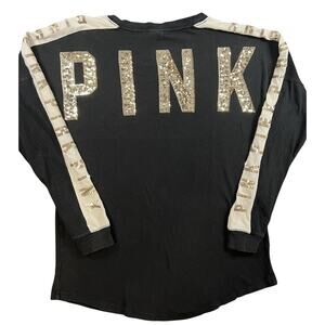 Victoria's Secret Pink Sequin Logo Long Sleeve Shirt Black Silver Womens Small